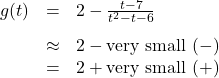 \[ \begin{array}{rcl} g(t) &=& 2 - \frac{t-7}{t^2-t-6} \\[8pt] &\approx & 2 - \text{very small } (-) \\ &=& 2 + \text{very small } (+) \end{array} \]