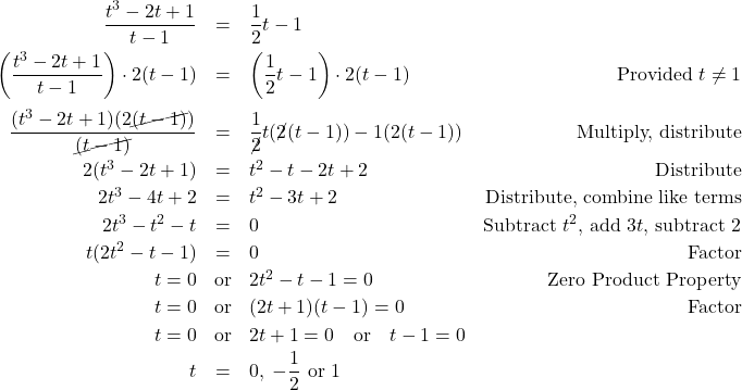 \[ \begin{array}{rclr} \dfrac{t^3-2t+1}{t-1} & = & \dfrac{1}{2}t-1 & \\ [8pt] \left(\dfrac{t^3-2t+1}{t-1}\right) \cdot 2(t-1) & = & \left( \dfrac{1}{2}t-1 \right) \cdot 2(t-1) & \text{Provided } t \neq 1 \\ [12pt] \dfrac{(t^3-2t+1)(2\cancel{(t-1)})}{\cancel{(t-1)}} & = & \dfrac{1}{\cancel{2}} t (\cancel{2}(t-1)) - 1(2(t-1)) & \text{Multiply, distribute} \\ [8pt] 2(t^3-2t+1) & = & t^2 - t - 2t + 2 & \text{Distribute} \\ [2pt] 2t^3 - 4t + 2 & = & t^2 -3t + 2 & \text{Distribute, combine like terms} \\ [2pt] 2t^3 -t^2 - t & = & 0 & \text{Subtract } t^2 \text{, add } 3t \text{, subtract } 2\\ [2pt] t(2t^2 -t - 1) & = & 0 & \text{Factor} \\ [2pt] t = 0 & \text{or} & 2t^2 - t - 1 = 0 & \text{Zero Product Property}\\ [2pt] t = 0 & \text{or} & (2t+1)(t-1) = 0 & \text{Factor}\\ [2pt] t = 0 & \text{or} & 2t+1 = 0 \quad \text{or} \quad t-1 = 0 &\\ [2pt] t & = & 0, \; -\dfrac{1}{2} \text{ or } 1 & \\ \end{array}\]