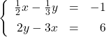 \left\{ \begin{array}{rcr} \frac{1}{2}x-\frac{1}{3}y & = & -1 \\ [5pt] 2y-3x & = & 6 \end{array} \right.