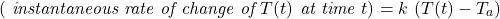 \[\left( \textit{ instantaneous rate of change of } T(t) \textit{ at time } t\right) = k \, \left(T(t) - T_{a}\right) \]