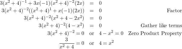 \[ \begin{array}{rclr} 3(x^2+4)^{-1} + 3x(-1)(x^2+4)^{-2}(2x)& = & 0 & \\ [2pt] 3(x^2+4)^{-2}( (x^2+4)^{1} + x(-1)(2x)) & = & 0 & \text{Factor} \\ [2pt] 3(x^2+4)^{-2}( x^2 + 4 - 2x^2 ) & = & 0 & \\ [2pt] 3(x^2+4)^{-2}(4 - x^2) & = & 0 & \text{Gather like terms} \\ [2pt] 3(x^2+4)^{-2} = 0 & \text{or} & 4 - x^2 = 0 & \text{Zero Product Property} \\ [2pt] \dfrac{3}{x^2+4} = 0 & \text{or} & 4 = x^2 & \\ \end{array} \]