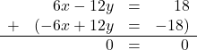 \[ \begin{array}{lrcr} & 6x-12y & = & 18 \\ + & (-6x+12y & = & -18 ) \\ \hline & 0 & = & 0\end{array}\]