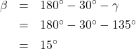 \[ \begin{array}{rcl} \beta &=& 180^{\circ} - 30^{\circ} - \gamma \\[4pt] &=& 180^{\circ} - 30^{\circ} - 135^{\circ} \\[4pt] &=& 15^{\circ} \end{array}\]