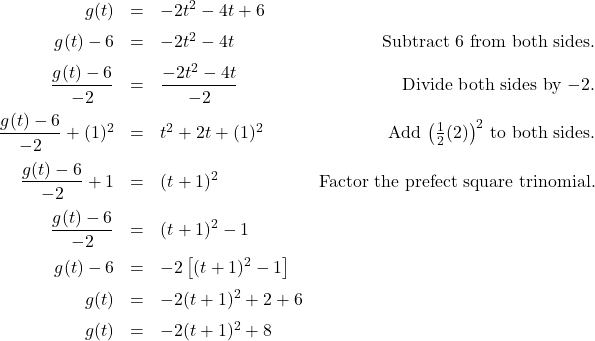 \[ \begin{array}{rclr} g(t) & = & -2t^2-4t+6 &  \\ [6pt] g(t) - 6 & = & -2t^2-4t & \text{Subtract $6$ from both sides.} \\ [6pt] \dfrac{g(t) - 6}{-2} & = & \dfrac{ -2t^2-4t }{-2} & \text{Divide both sides by $-2$.}\\ [10pt] \dfrac{g(t) - 6}{-2} + (1)^2 & = & t^2+2t +(1)^2 & \text{Add $\left( \frac{1}{2} (2) \right)^2$ to both sides.} \\ [10pt] \dfrac{g(t) - 6}{-2} + 1 & = & (t+1)^2 & \text{Factor the prefect square trinomial.} \\ [10pt] \dfrac{g(t) - 6}{-2}  & = & (t+1)^2 - 1 & \\ [10pt] g(t) - 6 & = & -2 \left[ (t+1)^2-1 \right] & \\ [6pt] g(t) & = & -2(t+1)^2 + 2 + 6 & \\ [6pt] g(t) & = & -2(t+1)^2+8 \\ \end{array} \]