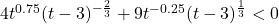 4t^{0.75}(t - 3)^{-\frac{2}{3}} +9t^{-0.25}(t - 3)^{\frac{1}{3}} < 0