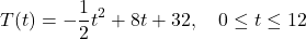 \[ T(t) = -\frac{1}{2} t^2 + 8t+32, \quad 0 \leq t \leq 12\]