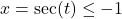 x = \sec(t) \leq -1