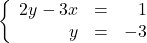 \left\{ \begin{array}{rcr} 2y-3x & = & 1 \\ y & = & -3 \end{array} \right.