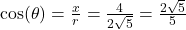 \cos(\theta) = \frac{x}{r} = \frac{4}{2 \sqrt{5}} = \frac{2 \sqrt{5}}{5}