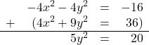 \[ \begin{array}{lrcr} & -4x^2 -4y^2 & = & -16 \\ + & (4x^2+9y^2 & = & 36 ) \\ \hline & 5y^{2} & = & 20\end{array}\]