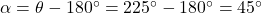 \alpha = \theta - 180^{\circ} = 225^{\circ} - 180^{\circ} = 45^{\circ}