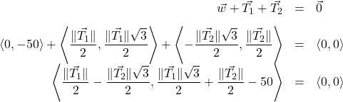 \[ \begin{array}{rcl} \vec{w} + \vec{T_{1}} + \vec{T_{2}} & = & \vec{0} \\ [8pt] \left<0,-50\right> + \left< \dfrac{\| \vec{T_{1}} \|}{2} , \dfrac{\| \vec{T_{1}} \|\sqrt{3}}{2}\right> + \left<-\dfrac{\| \vec{T_{2}} \|\sqrt{3}}{2}, \dfrac{\| \vec{T_{2}} \|}{2} \right> & = & \left<0, 0\right> \\ [8pt] \left< \dfrac{\| \vec{T_{1}} \|}{2} -\dfrac{\| \vec{T_{2}} \|\sqrt{3}}{2}, \dfrac{\| \vec{T_{1}} \|\sqrt{3}}{2} + \dfrac{\| \vec{T_{2}} \|}{2} -50 \right> & = & \left<0, 0\right> \\ \end{array} \]