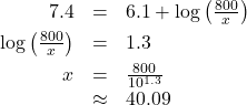 \[ \begin{array}{rcl} 7.4 & = & 6.1 + \log\left(\frac{800}{x} \right) \\[4pt] \log\left(\frac{800}{x} \right) & = & 1.3 \\[4pt] x & = & \frac{800}{10^{1.3}} \\ & \approx & 40.09 \end{array} \]