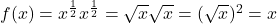 f(x) = x^{\frac{1}{2}} x^{\frac{1}{2}} =\sqrt{x} \sqrt{x} = (\sqrt{x})^2 = x