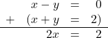 \[ \begin{array}{lrcr} & x - y & = & 0 \\ + & (x + y & = & 2 ) \\ \hline & 2x & = & 2 \end{array}\]