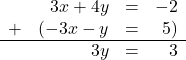 \[ \begin{array}{lrcr} & 3x+4y & = & -2 \\ + & (-3x-y & = & 5 ) \\ \hline & 3y & = & 3\end{array}\]