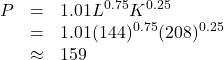 \[ \begin{array}{rcl} P & = & 1.01 L^{0.75} K^{0.25} \\ & = & 1.01 (144)^{0.75} (208)^{0.25} \\ & \approx & 159 \end{array} \]