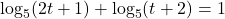 \log_{5}(2t + 1) + \log_{5}(t + 2) = 1