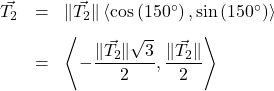 \[ \begin{array}{rcl} \vec{T_{2}} & = & \| \vec{T_{2}} \|\left<\cos\left(150^{\circ}\right), \sin\left(150^{\circ}\right)\right>\\ [8pt] & = & \left<-\dfrac{\| \vec{T_{2}} \|\sqrt{3}}{2}, \dfrac{\| \vec{T_{2}} \|}{2} \right> \\ \end{array} \]