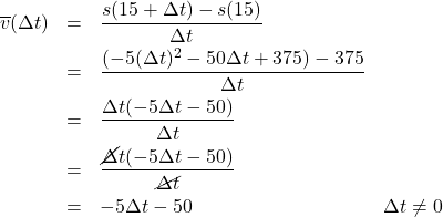 \[ \begin{array}{rclr} \overline{v}(\Delta t)& = & \dfrac{s(15+ \Delta t) - s(15)}{\Delta t} & \\ [7pt] & = & \dfrac{(-5(\Delta t)^2-50 \Delta t + 375) - 375}{\Delta t} & \\ [7pt] & = & \dfrac{\Delta t (-5 \Delta t - 50)}{\Delta t} & \\ [7pt] & = & \dfrac{\cancel{\Delta} t (-5 \Delta t - 50)}{\cancel{\Delta t}} & \\ [7pt] & = & -5 \Delta t - 50 & \text{$\Delta t \neq 0$} \\ \end{array} \]