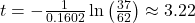 t = -\frac{1}{0.1602} \ln \left( \frac{37}{62} \right) \approx 3.22