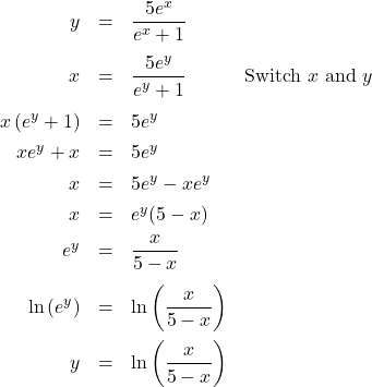 \[ \begin{array}{rclr} y & = & \dfrac{5e^{x}}{e^{x}+1} & \\ [12pt] x & = & \dfrac{5e^{y}}{e^{y}+1} & \text{Switch } x \text{ and } y \\ [12pt] x \left(e^{y}+1\right) & = & 5e^{y} & \\ [4pt] x e^{y}+x & = & 5e^{y} & \\ [4pt] x & = & 5e^{y} - x e^{y} & \\ [4pt] x & = & e^{y}(5 - x) & \\ [4pt] e^{y}& = & \dfrac{x}{5-x} & \\[12pt] \ln\left(e^{y}\right) & = & \ln\left(\dfrac{x}{5-x}\right) & \\[12pt] y & = & \ln\left(\dfrac{x}{5-x}\right) & \\ \end{array}\]