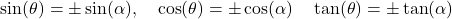 \[ \sin(\theta) = \pm \sin(\alpha), \quad \cos(\theta) = \pm \cos(\alpha) \quad \tan(\theta) = \pm \tan(\alpha) \]