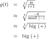 \[ \begin{array}{rcl} g(t) &=& \sqrt[3]{\frac{8t}{t+1}} \\[8pt] &\approx & \sqrt[3]{\frac{-8}{\text{small } (-)}} \\[8pt] &\approx & \sqrt[3]{\text{ big } (+)} \\[8pt] &=& \text{big } (+) \end{array} \]