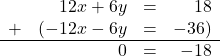 \[ \begin{array}{lrcr} & 12x + 6y & = & 18 \\ + & (-12x-6y & = & -36 ) \\ \hline & 0 & = & -18 \end{array}\]