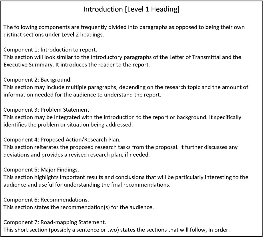 This image shows how to organize the elements of a technical report. It also presents formatting guidelines for headings and section text. Please click the link at the end of the caption for an accessible version of this information.