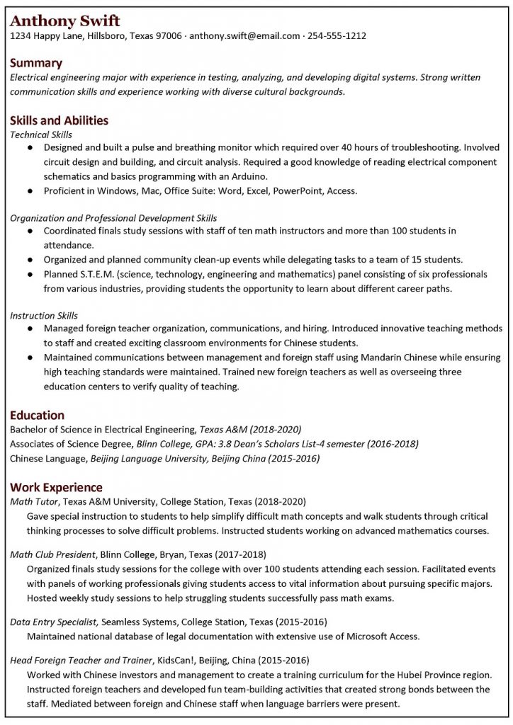 This image shows an example of a hybrid resume as it should appear on the page. Click the link at the end of the caption for an accessible PDF of this information.