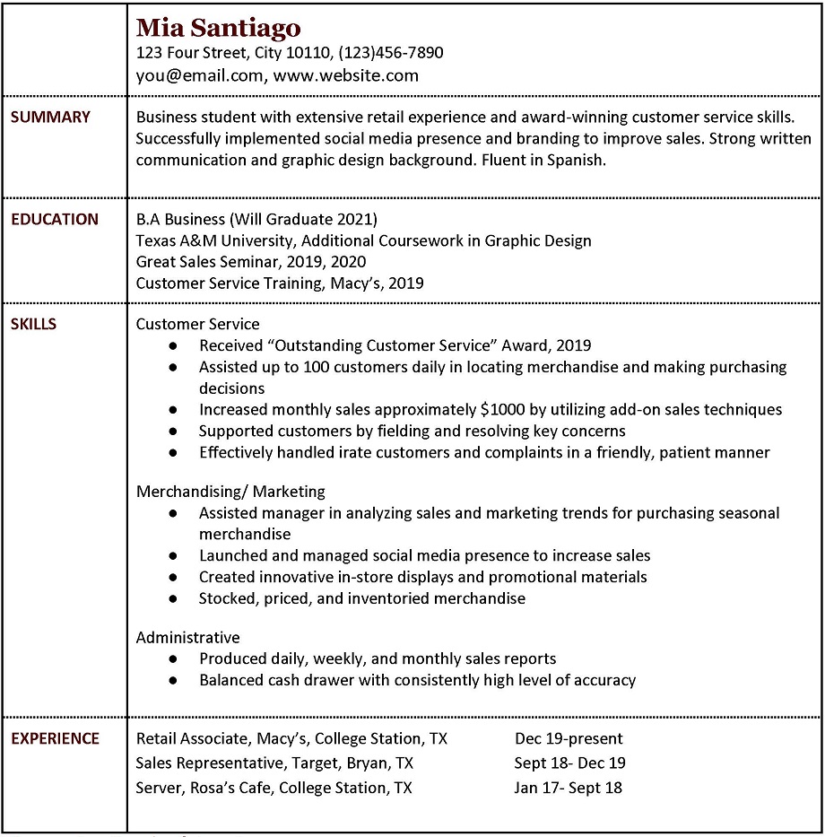 This image shows an example of a resume with the standard categories (education, skills, experience) clearly labelled. Click the link at the end of the caption for an accessible PDF of this information.