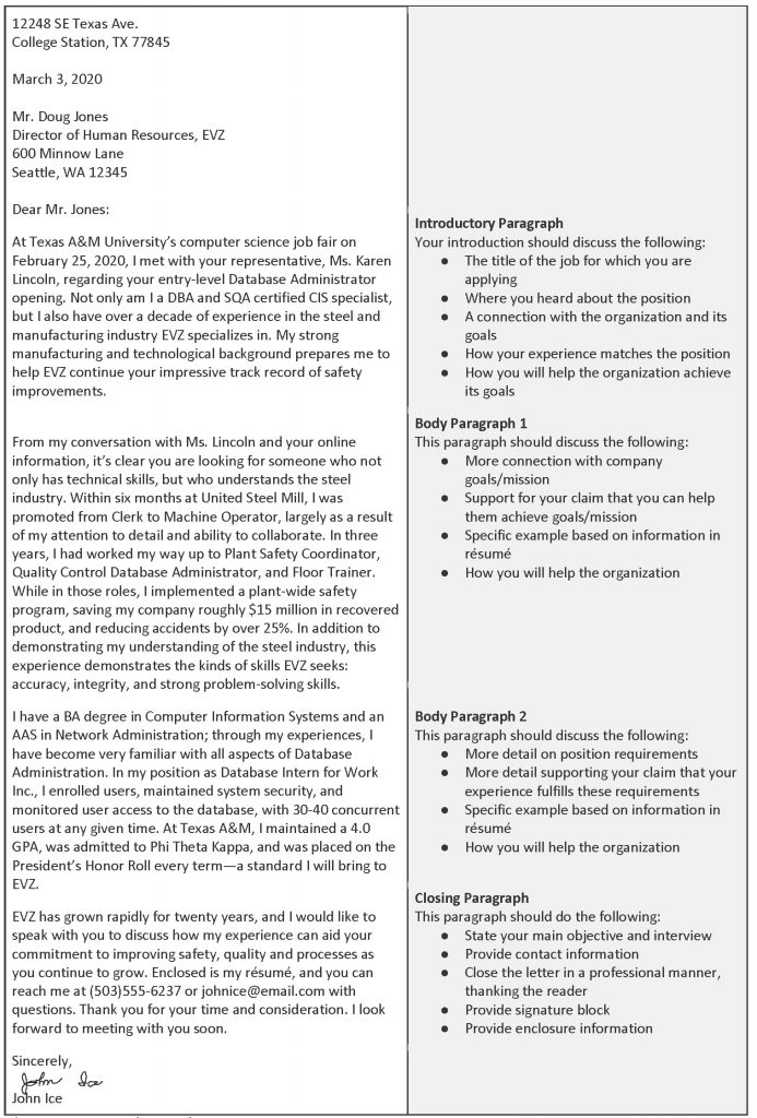 This image shows and explains the main parts of the content of a cover letter. Click the link at the end of the caption for an accessible PDF of this information.