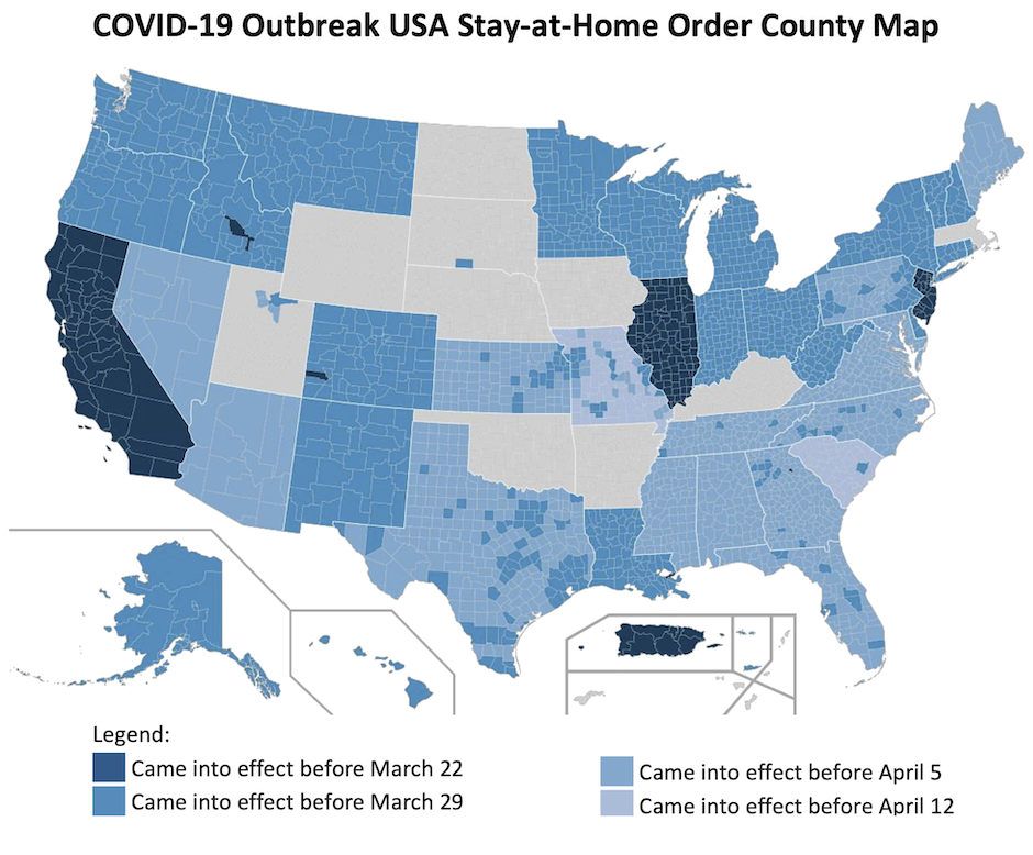 This image shows the same map of the United States from the previous figure, except this version has a legend at the bottom that indicates what each shade of blue on the map represents. This type of graphic, of course, is still not accessible to people who use screen readers. The creator could make the data more accessible by providing a link to a searchable and screen-readable table with the data, in this case the date when stay-at-home orders for COVID-19 came into effect, expressed alphabetically and numerically.