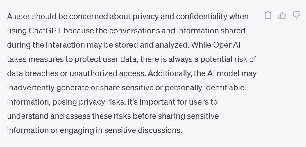 ChatGPT's response to a prompt about its privacy and confidentiality concerns. A screen-readable Word version of the prompt and response is located in full text.