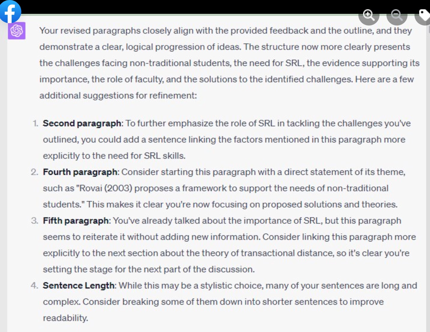 ChatGPT's suggested revisions in response to Alexis Smith Guethler's prompt in Higher Ed Discussions of AI Writing, Facebook. 7/9/23, 12:35pm