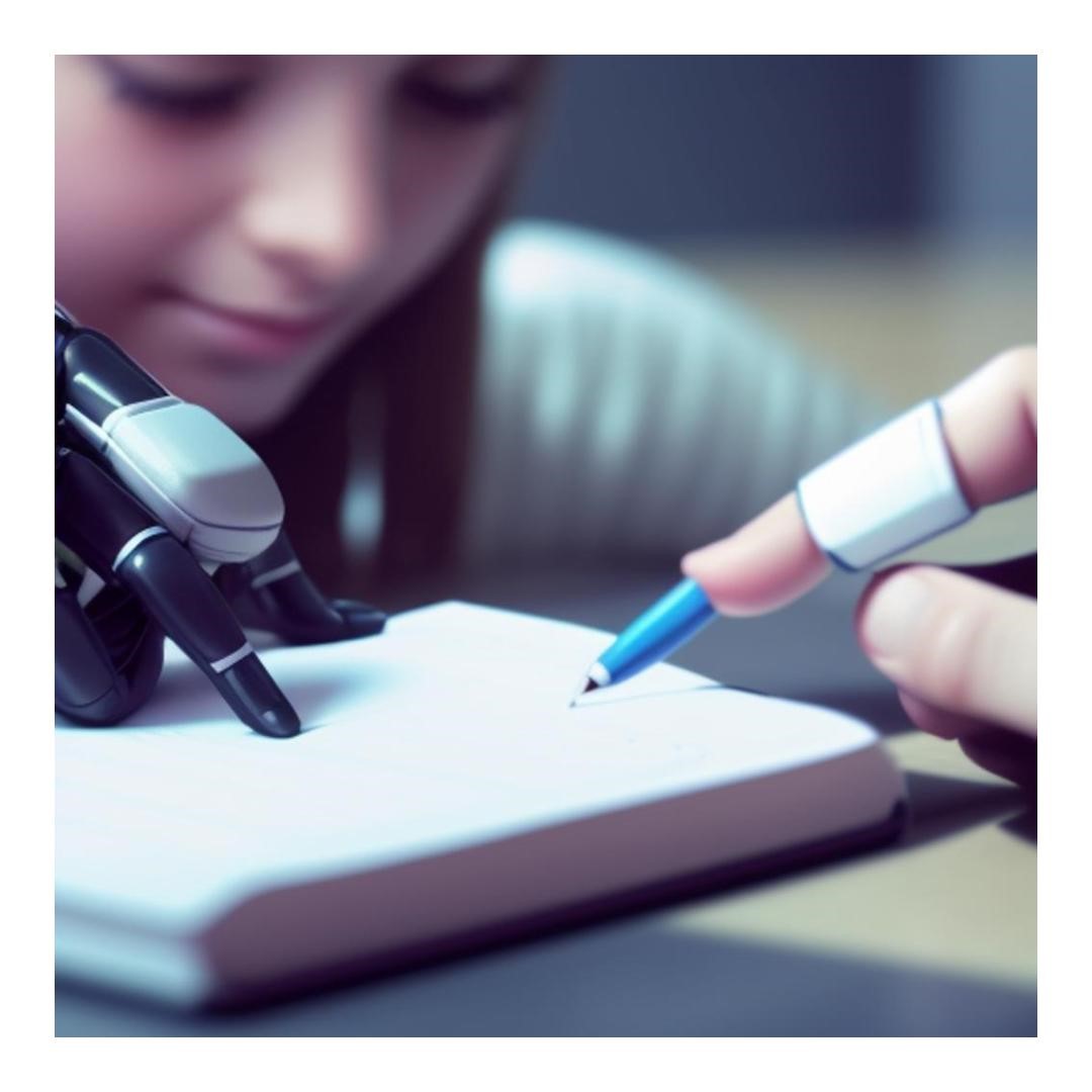 A human finger with a pencil oddly protruding from it and a human girl with a robotic hand, both pointing to a text, created with PicsArt 