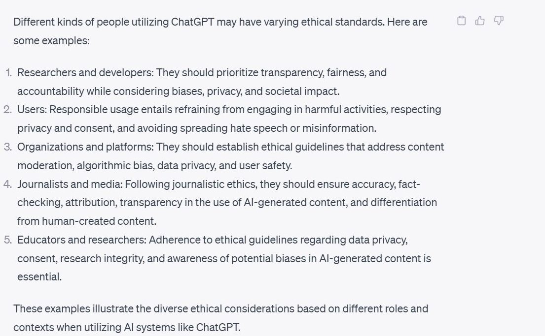 ChatGPT output outlining different ethical responsibilities for different users of the generative AI. A screen-readable Word version of the prompt and response is located in the full text.