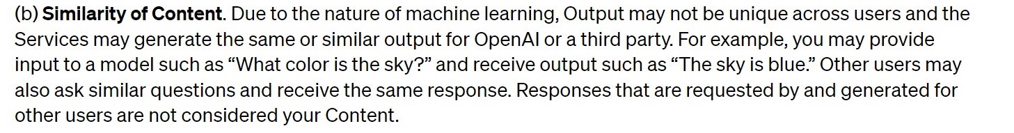 OpenAI illustrates the potential for non-unique output with the prompt "What color is the sky?” A screen-readable Word version of Example 1 is located in full text.