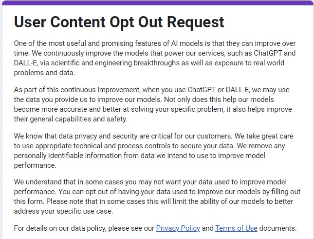 OpenAI’s User Content Opt Out Request form. A screen-readable Word version of this form is located in full text.