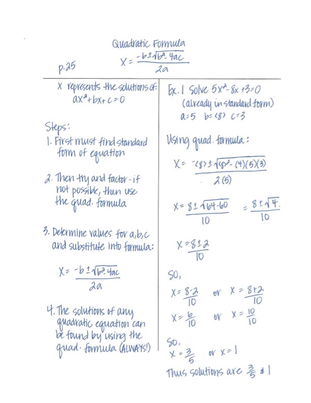 Image of an example handwritten T-Chart for solving a quadratic equation. For screen-reader users, access the downloadable Word document for a full description of this chart.