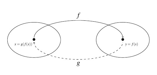 Two ovals, the first representing the domain of the function f and the second representing the range of the function f. There is a point x = g(f(x)) labeled in the first oval and y = f(x) is a point in the second oval. There is an arrow drawn from the first oval to the second labeled f. A second arrow goes from the second oval to the first, the path is dashed, and is labeled g.