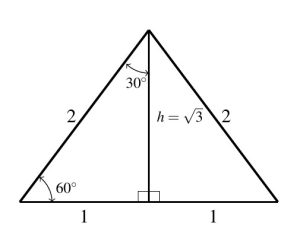 An equilateral triangle divided in half to make two equal right triangles. The sides of the right triangles 1 and square root of 3 with hypotenuse 2. The angle opposite the side of length 1 is 30 degrees. The other angle is 60 degrees.