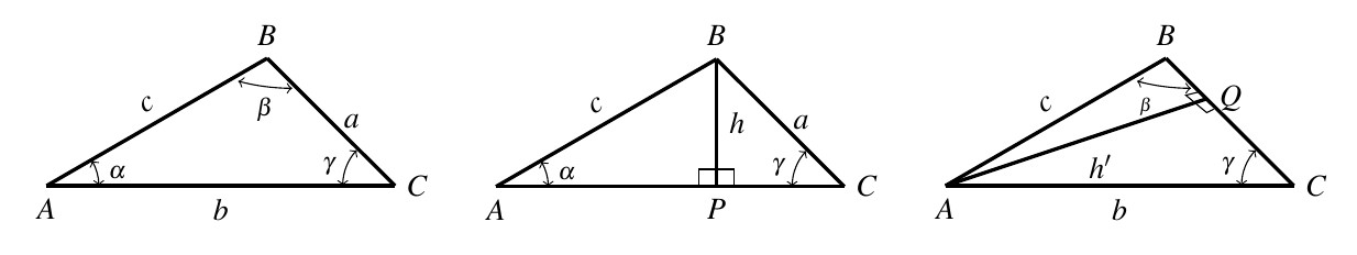 Three non-right triangles side by side. All three triangles have vertices A, B, and C starting in the lower left vertex and rotating clockwise from A. The side between vertices A and B is labeled c, the side between vertices B and C is labeled a, and the side between vertices A and C is labeled b. The angle at vertex A is labeled alpha, the angle at vertex B is labeled beta, and the angle at vertex C is labeled gamma. The first triangle has no additional information. The second triangle included a line segment perpendicular to side AC through vertex B. The line segment is labeled h and the point on AC is labeled P. The last triangle includes a line segment perpendicular to side BC through vertex A. The line segment is labeled h' and the point on BC is labeled Q.