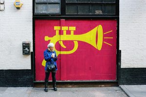 A wall painting of a trumpet gun