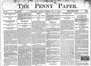 The image depicts the front page of the Cincinnati Penny Paper from Monday, May 16, 1881. It features six vertical columns of text and is titled simply The Penny Paper. This demonstrates early newspaper design, which is all text cramming as much information as possible in a relatively small page as penny papers were typically smaller than other newspapers at the time.