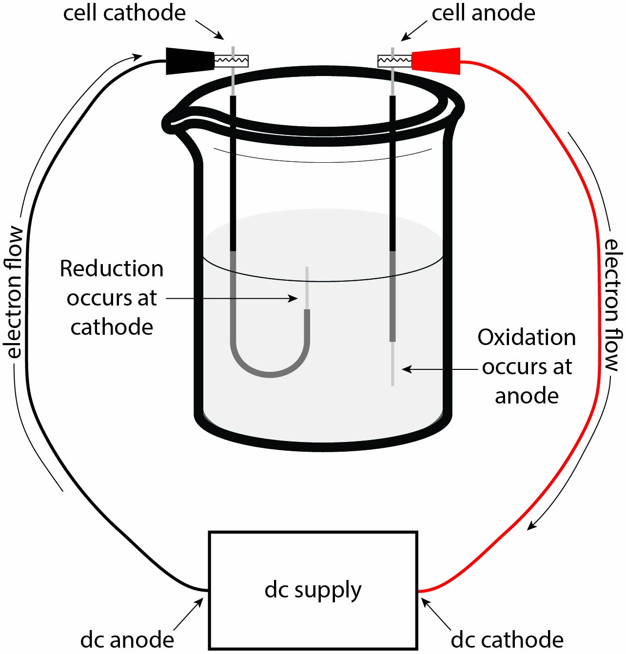 Schematic showing the basic setup for an electrolytic cell.