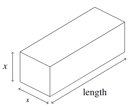 A rectangular box with a square end labeled with sides of x. The length of the box is labeled length.