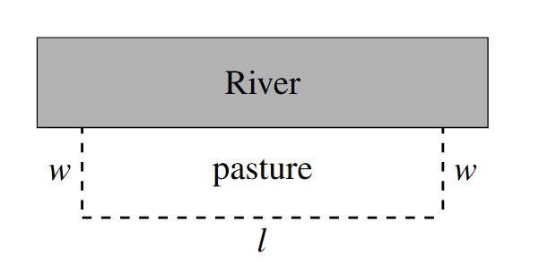 A picture with a river and three sides of a rectangle. The four side of the rectangle is the river.