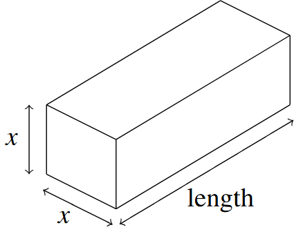 A rectangular prism with a square base with sides x.